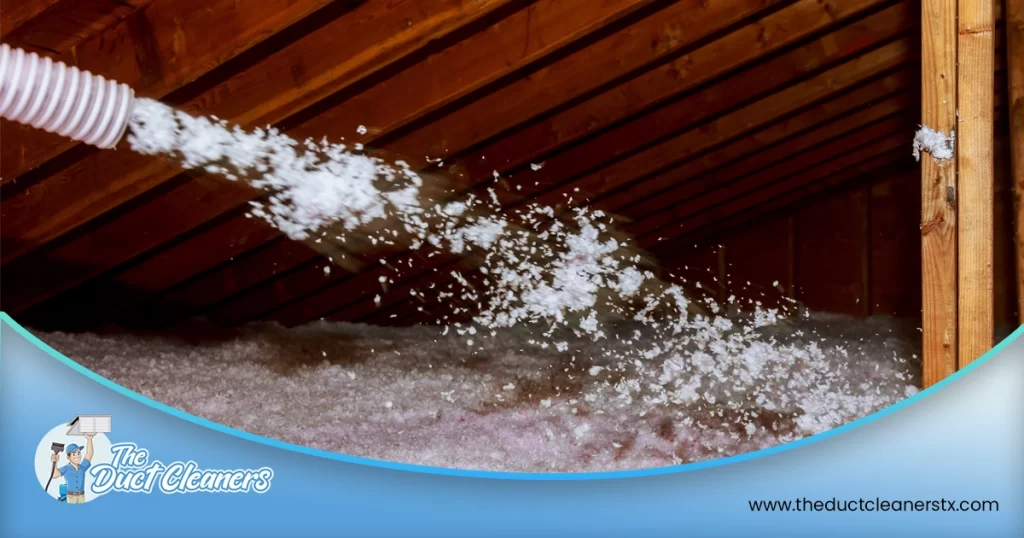 Shows an image of a technician installing insulation in the attic.