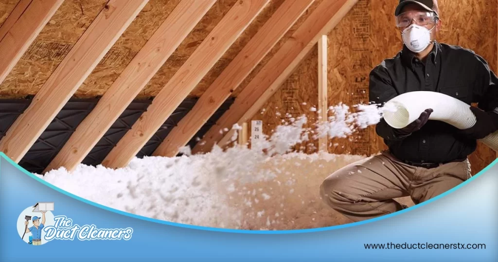 Shows an image of a technician installing insulation in the attic.