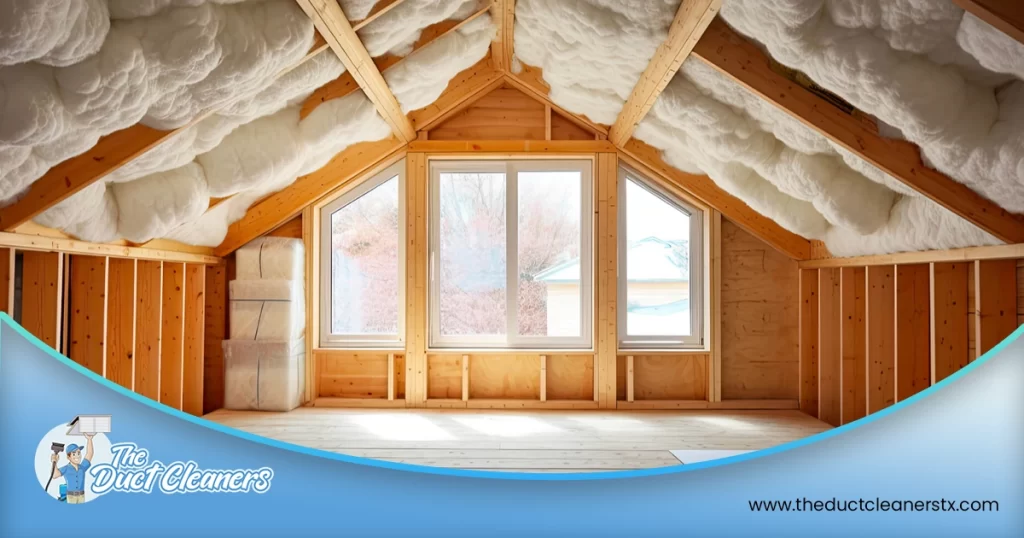 Shows an image of an attic that has proper insulation. 