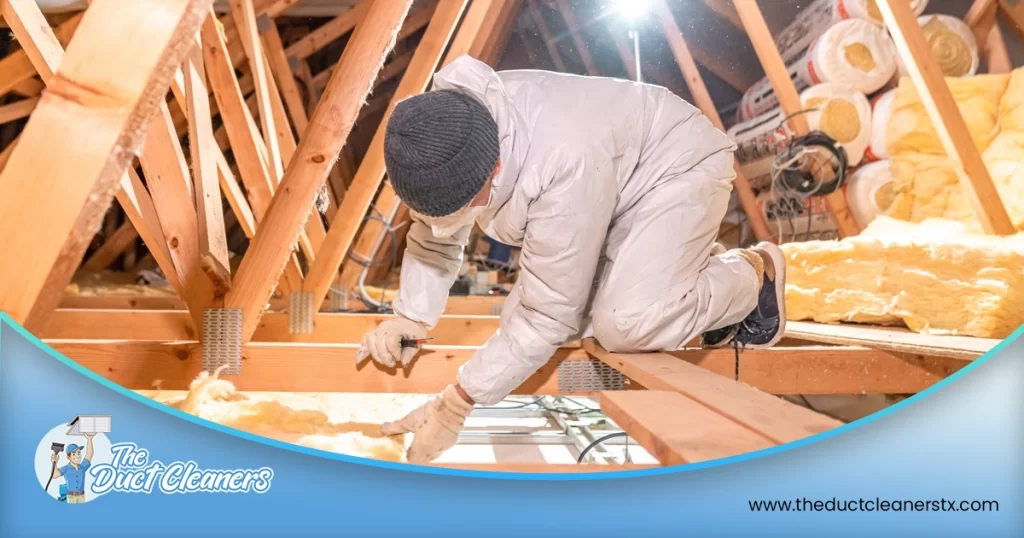 Shows an image of The Duct Cleaners' technician installing insulation on the attic by hand.